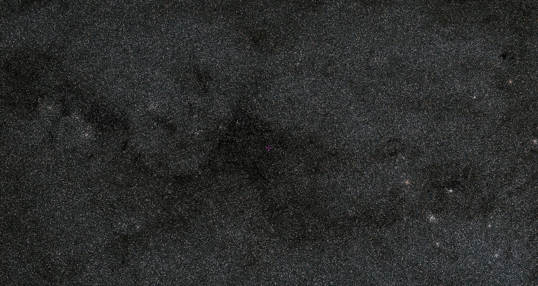 A densely packed star field in deep space, captured by JWST, with a tiny pink dot near the center, set against the vast expanse of the outer Milky Way.